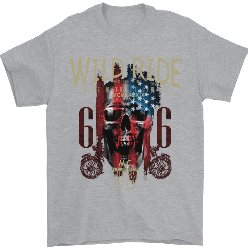 Biker USA Flag Skull Motorbike Motorcycle Mens T-Shirt Cotton Gildan Sports Grey