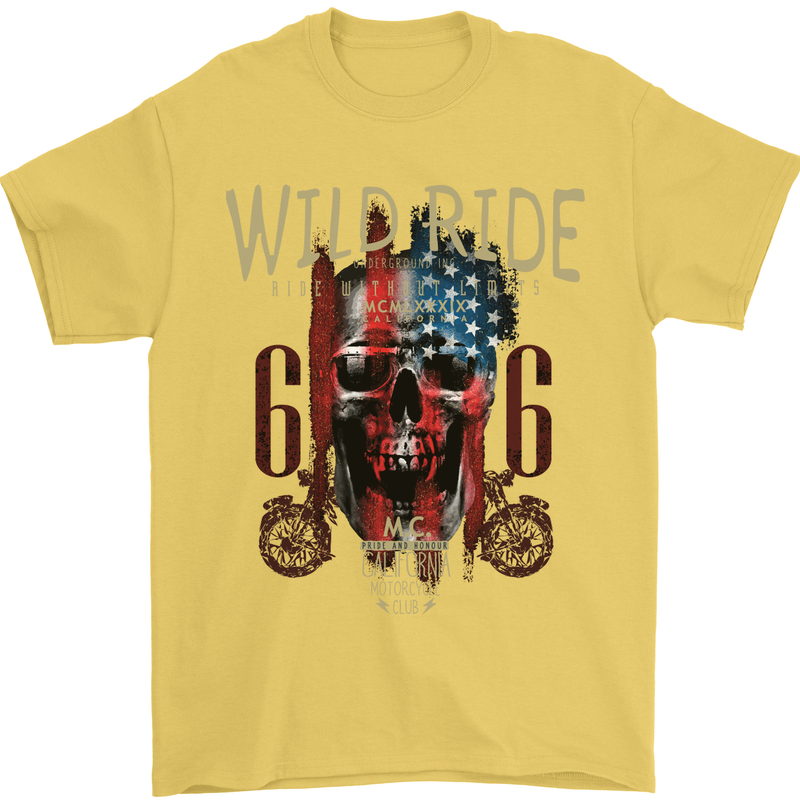 Biker USA Flag Skull Motorbike Motorcycle Mens T-Shirt Cotton Gildan Yellow