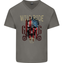 Biker USA Flag Skull Motorbike Motorcycle Mens V-Neck Cotton T-Shirt Charcoal