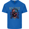 Biker USA Flag Skull Motorbike Motorcycle Mens V-Neck Cotton T-Shirt Royal Blue