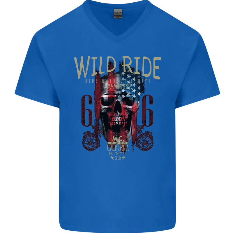 Biker USA Flag Skull Motorbike Motorcycle Mens V-Neck Cotton T-Shirt Royal Blue