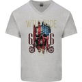 Biker USA Flag Skull Motorbike Motorcycle Mens V-Neck Cotton T-Shirt Sports Grey