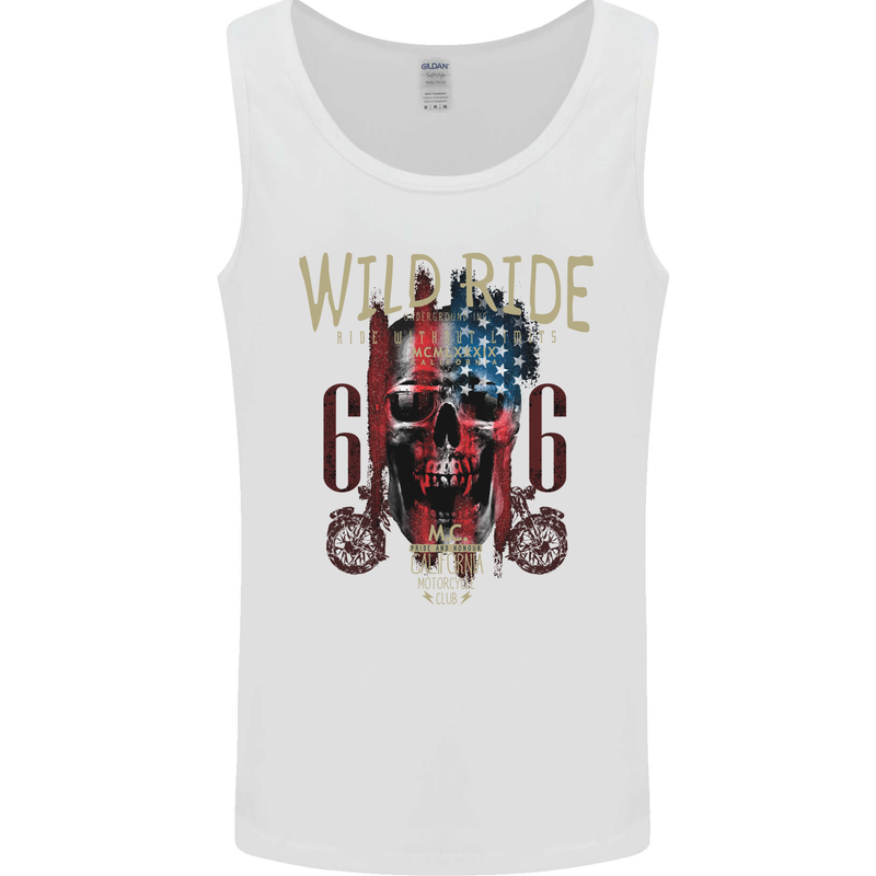 Biker USA Flag Skull Motorbike Motorcycle Mens Vest Tank Top White