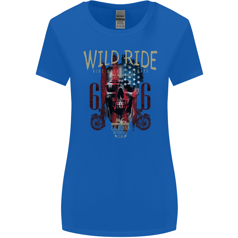 Biker USA Flag Skull Motorbike Motorcycle Womens Wider Cut T-Shirt Royal Blue