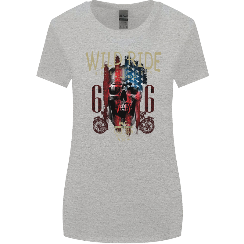 Biker USA Flag Skull Motorbike Motorcycle Womens Wider Cut T-Shirt Sports Grey