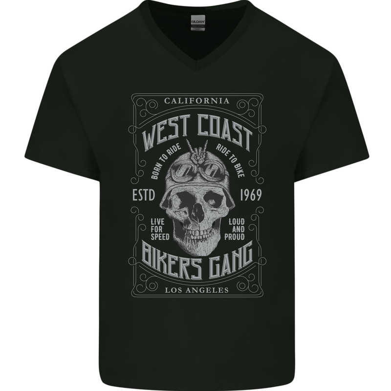 Bikers Gang Motorcycle Motorbike Skull Rock Mens V-Neck Cotton T-Shirt Black