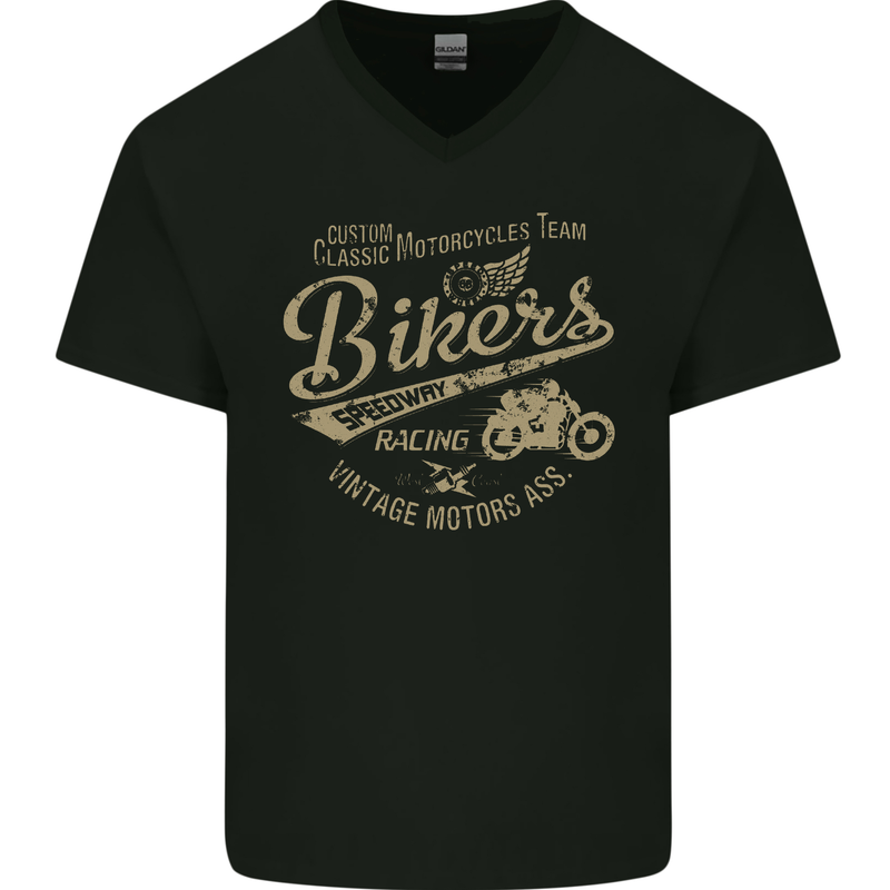 Bikers Speedway Racing Mens V-Neck Cotton T-Shirt Black