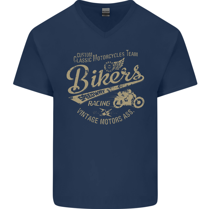 Bikers Speedway Racing Mens V-Neck Cotton T-Shirt Navy Blue