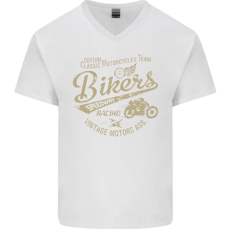 Bikers Speedway Racing Mens V-Neck Cotton T-Shirt White