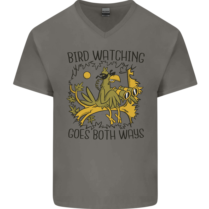 Bird Watching Goes Both Ways Funny Mens V-Neck Cotton T-Shirt Charcoal
