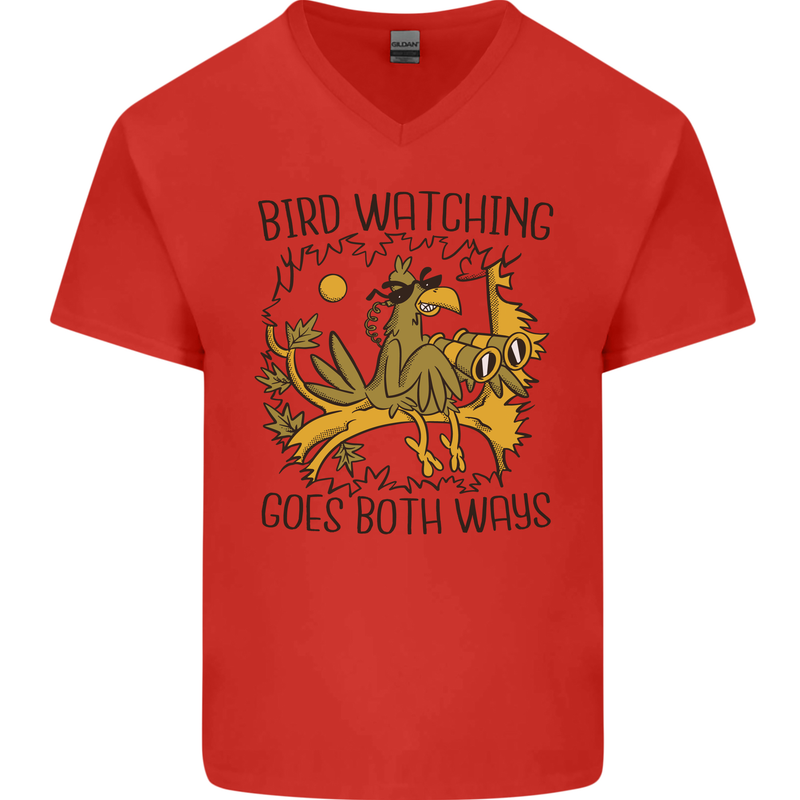 Bird Watching Goes Both Ways Funny Mens V-Neck Cotton T-Shirt Red