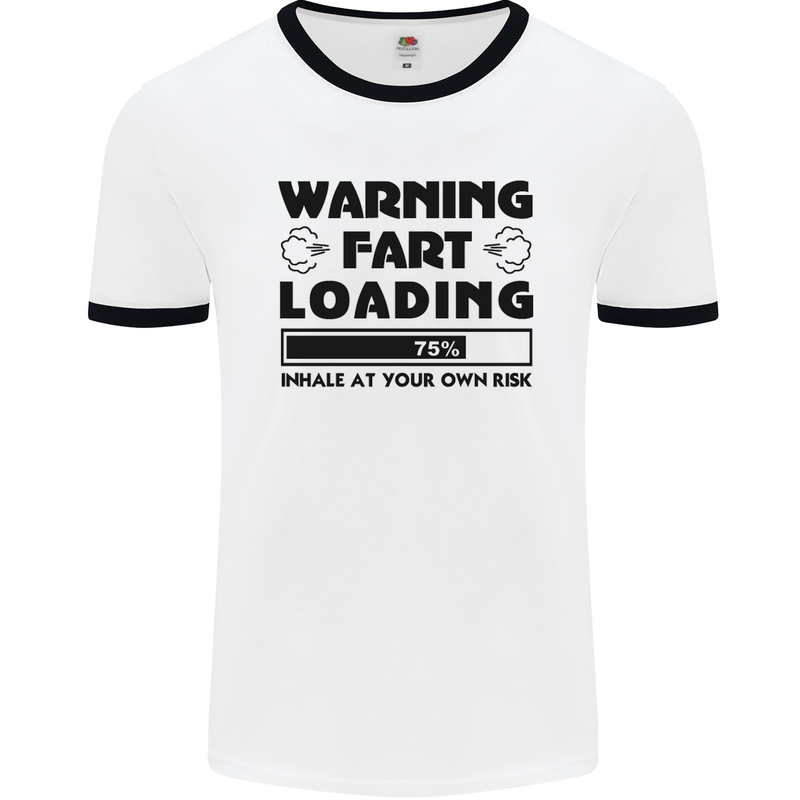 Warning Fart Loading Funny Farting Rude Mens White Ringer T-Shirt White/Black