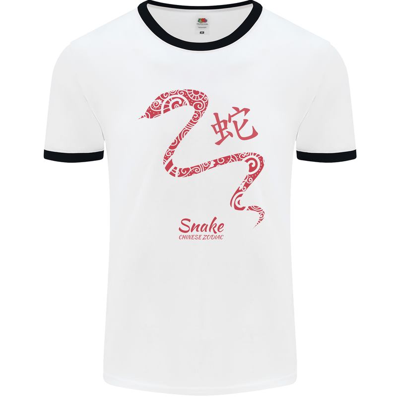 Chinese Zodiac Shengxiao Year of the Snake Mens White Ringer T-Shirt White/Black