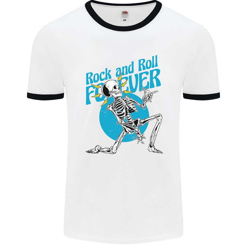 Rock & Roll Forever Air Guitar Skeleton Skull Mens White Ringer T-Shirt White/Black