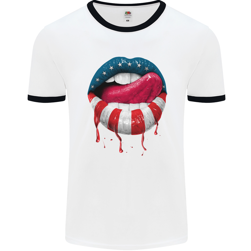 Sexy USA Flag Lips America July 4th Mens White Ringer T-Shirt White/Black