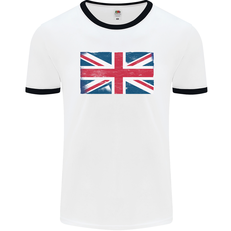 Distressed Union Jack Flag Great Britain Mens White Ringer T-Shirt White/Black