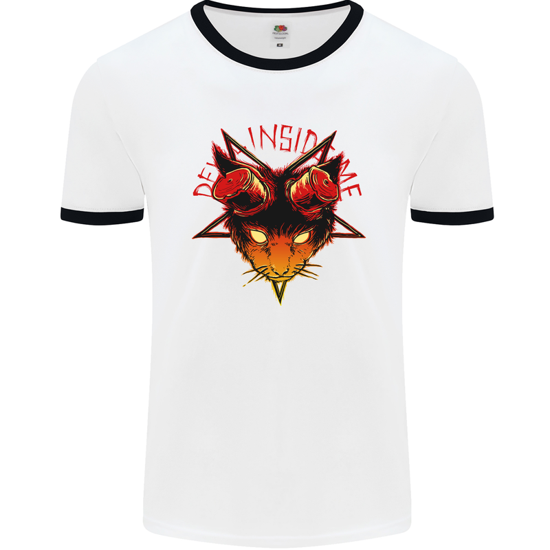 Devil Inside Me Satanic Cat Demon Evil Mens White Ringer T-Shirt White/Black