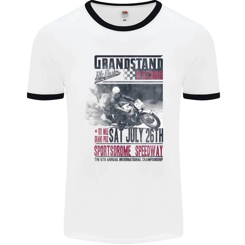 Grandstand Racing MotoGP Motorbike Biker Mens White Ringer T-Shirt White/Black