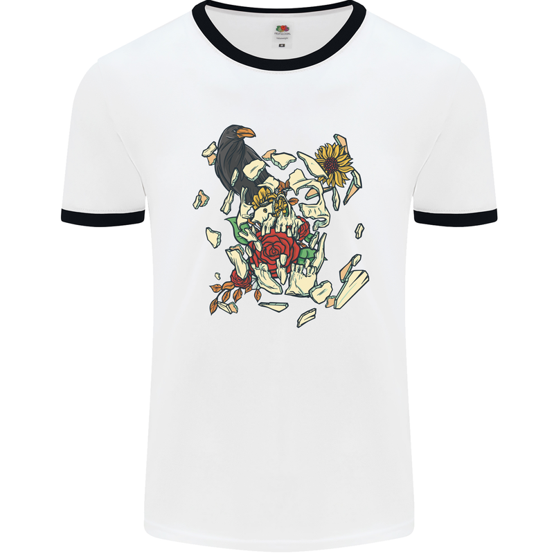 Broken Skull With Roses & Raven Mens White Ringer T-Shirt White/Black