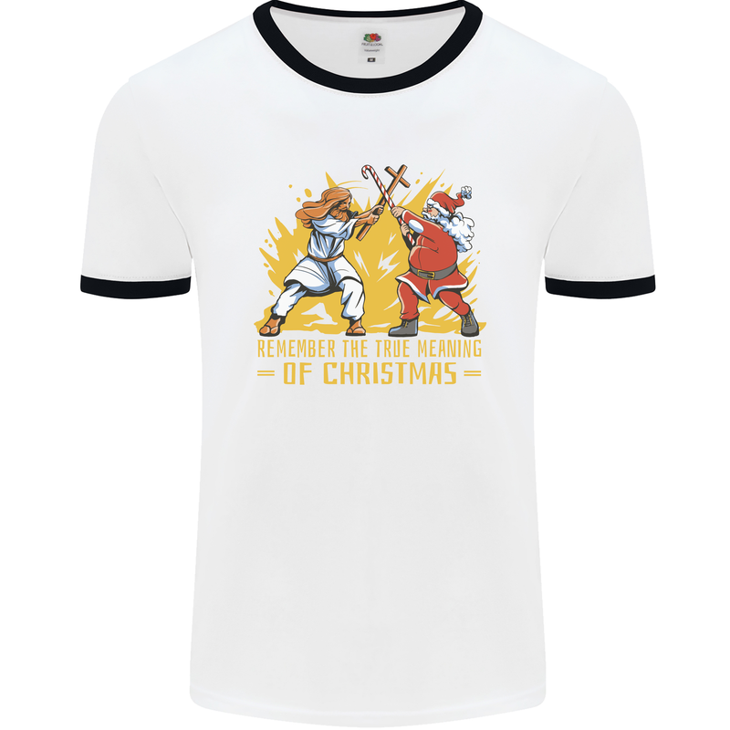 Santa vs Jesus Funny Christmas Xmas Mens White Ringer T-Shirt White/Black