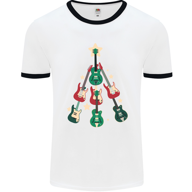 Funny Christmas Guitar Tree Rock Music Mens White Ringer T-Shirt White/Black