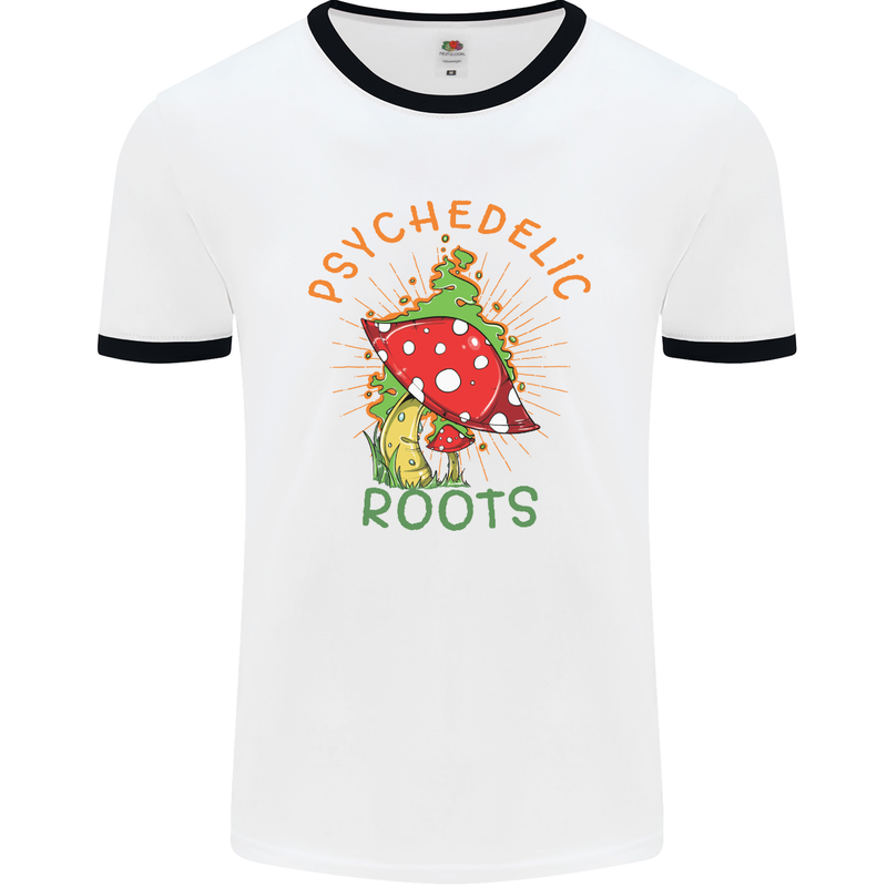 Psychedelic Roots Magic Mushrooms LSD Hippy Mens Ringer T-Shirt White/Black