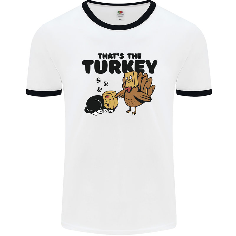 Thanks Giving Christmas Turkey Cat Mens Ringer T-Shirt White/Black