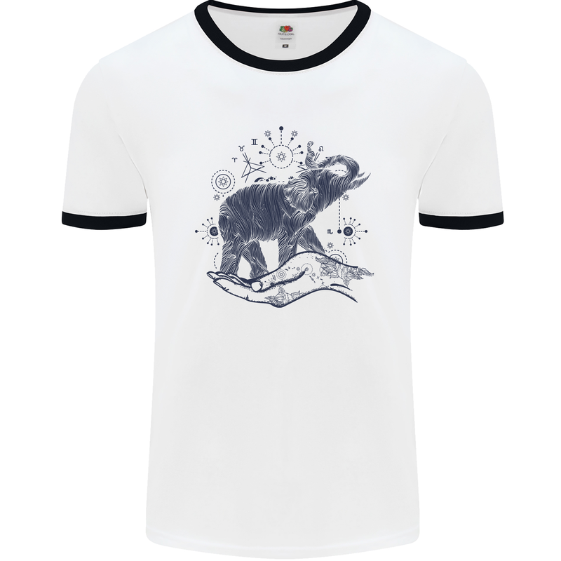 Sacral Style Elephant Meditation Tattoo Art Mens White Ringer T-Shirt White/Black