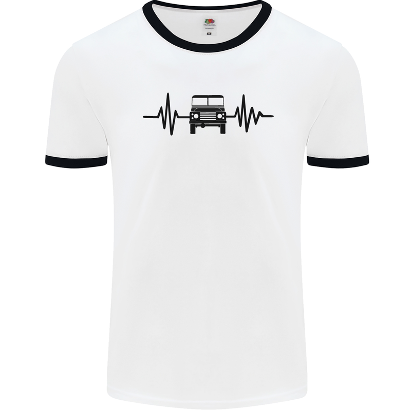 4X4 Heart Beat Pulse Off Road Roading Mens White Ringer T-Shirt White/Black