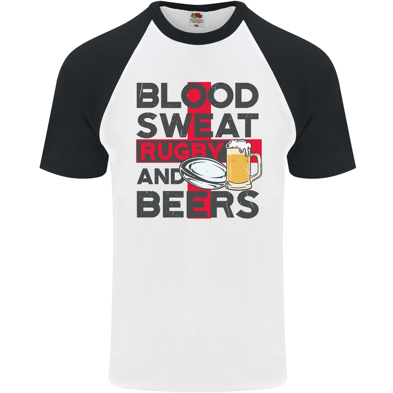 Blood Sweat Rugby and Beers England Funny Mens S/S Baseball T-Shirt White/Black