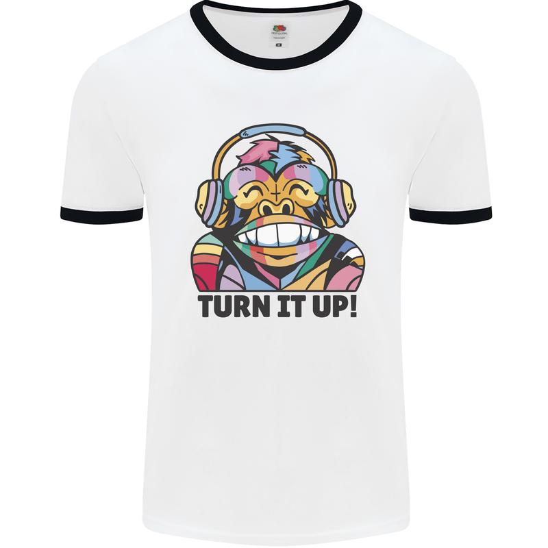 Turn It Up Monkey DJ Headphones Music Mens White Ringer T-Shirt White/Black