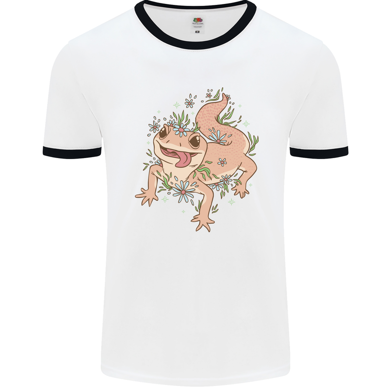 Gekko With Flowers Lizards Mens White Ringer T-Shirt White/Black