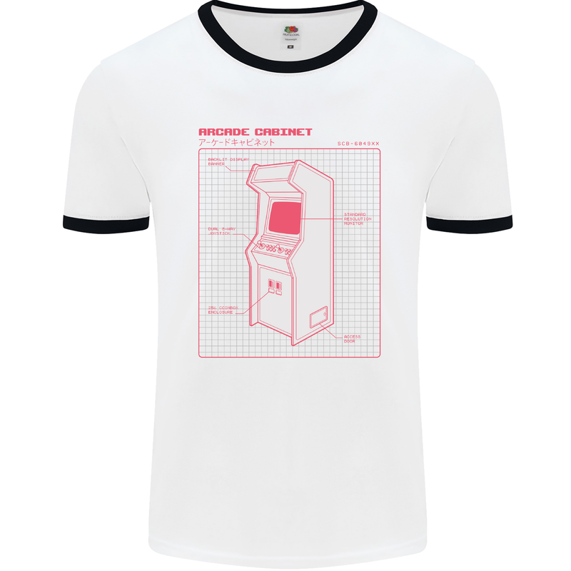 Retro Arcade Game Cabinet Gaming Gamer Mens White Ringer T-Shirt White/Black