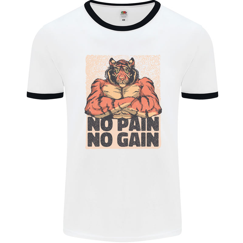 Gym Tiger No Pain No Gain Training Top Mens White Ringer T-Shirt White/Black