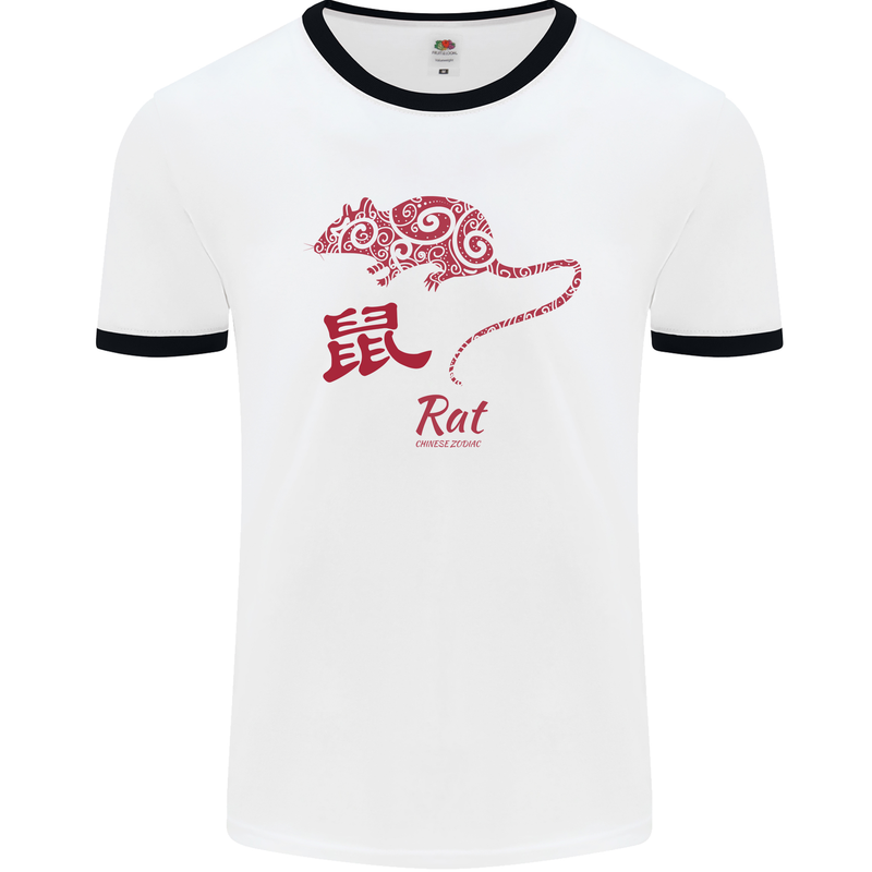 Chinese Zodiac Shengxiao Year of the Rat Mens White Ringer T-Shirt White/Black