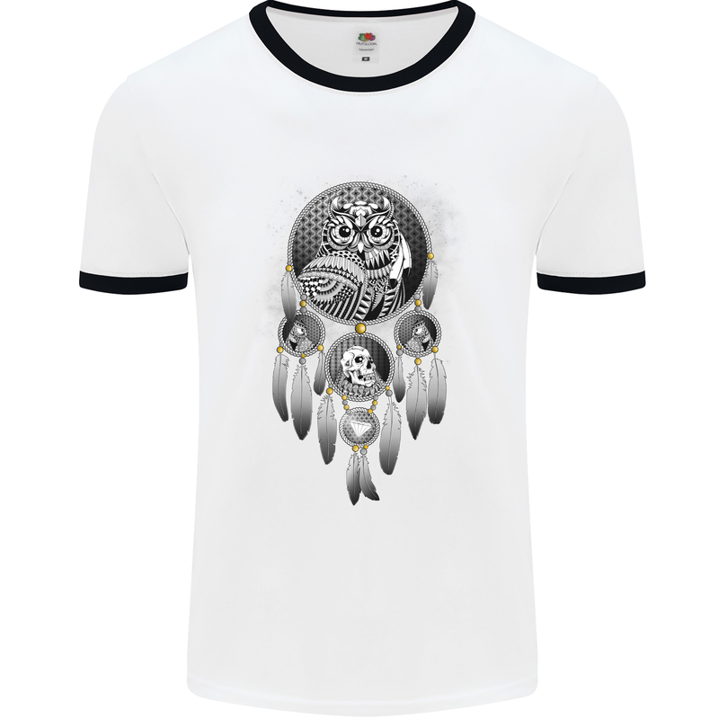 Bring the Nightmare Tribal Owl Skull Gothic Mens White Ringer T-Shirt White/Black