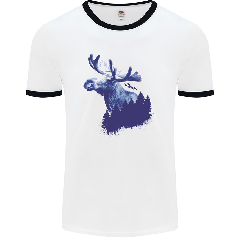 Moose Forest Ecology Environment Mens White Ringer T-Shirt White/Black