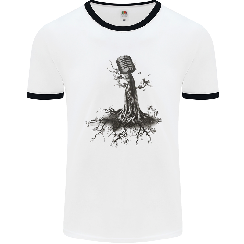 Microphone Tree Music Singing Singer Mens White Ringer T-Shirt White/Black