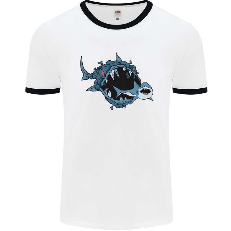 Pollution Great White Shark Climate Change Mens White Ringer T-Shirt White/Black