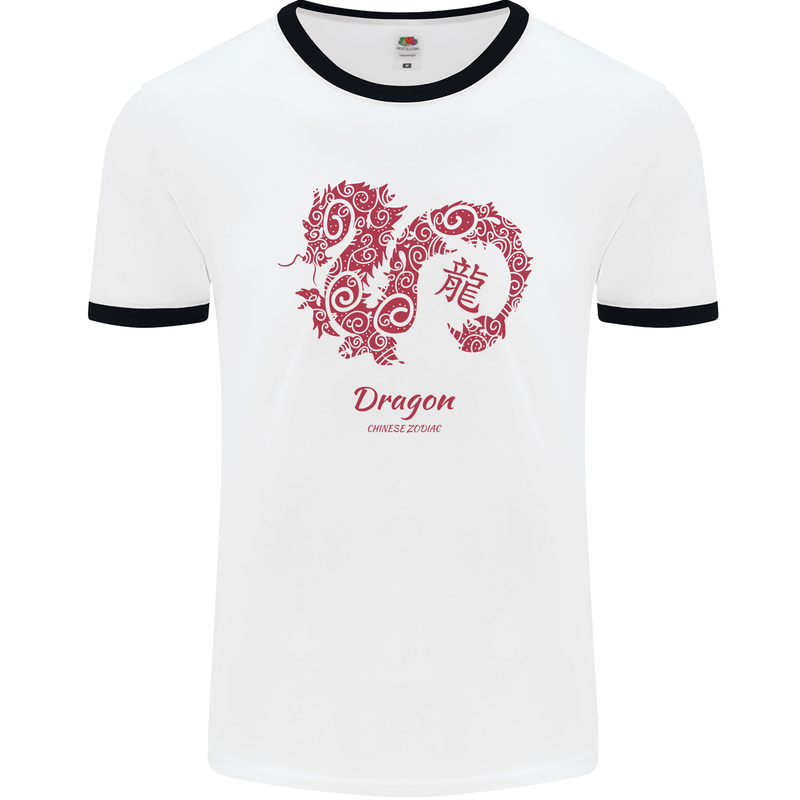 Chinese Zodiac Shengxiao Year of the Dragon Mens White Ringer T-Shirt White/Black