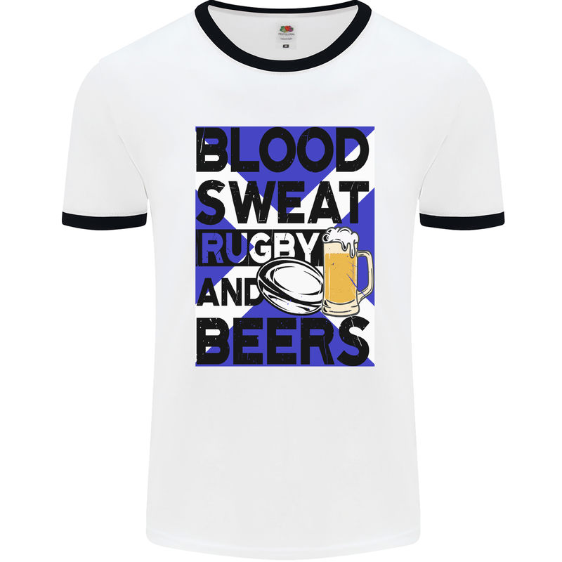 Blood Sweat Rugby and Beers Scotland Funny Mens White Ringer T-Shirt White/Black