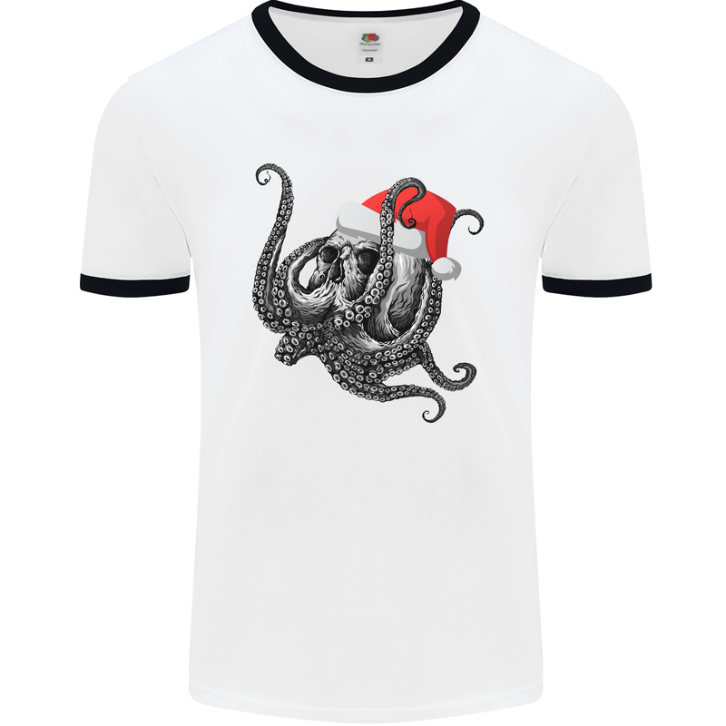 Christmas Cthulhu Skull Mens White Ringer T-Shirt White/Black