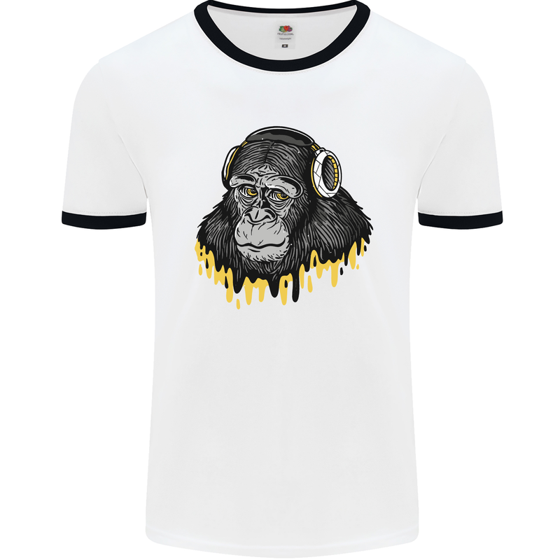 Monkey DJ Headphones Music Mens White Ringer T-Shirt White/Black