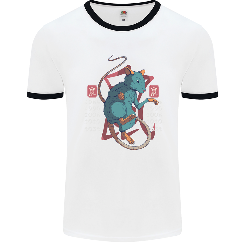 Chinese Zodiac Shengxiao Year of the Rat Mens White Ringer T-Shirt White/Black