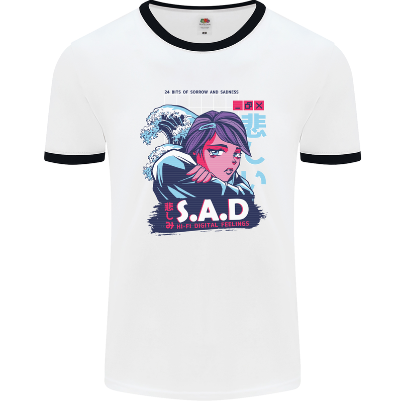 Music Vaporwave Anime Girl Emo SAD Mens White Ringer T-Shirt White/Black