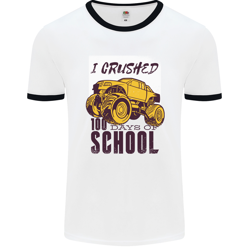 I Crushed 100 Days of School Monster Truck Mens White Ringer T-Shirt White/Black