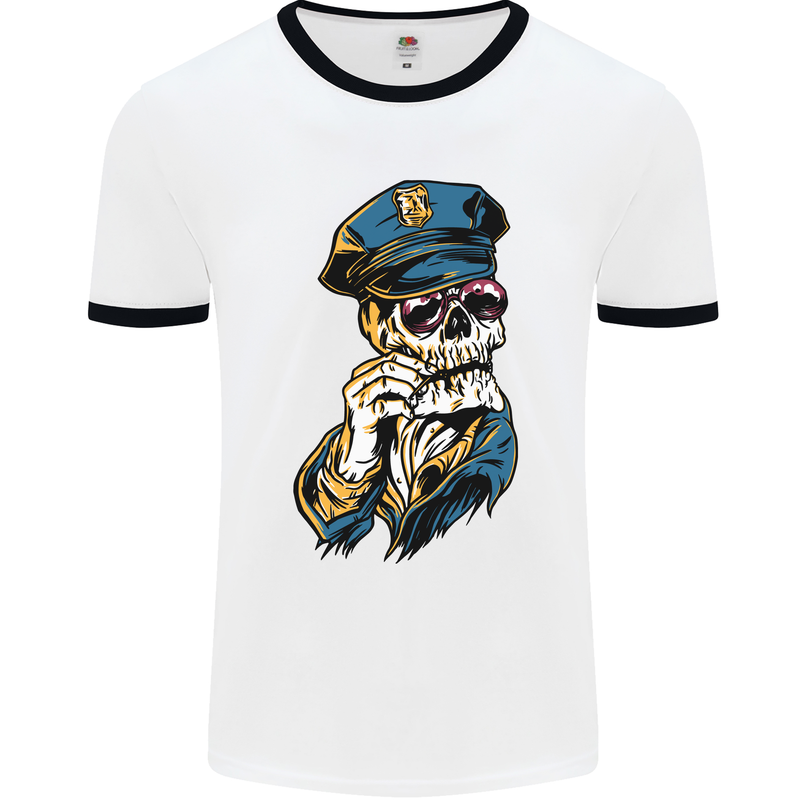 Policeman Skull Police Officer Force Mens White Ringer T-Shirt White/Black