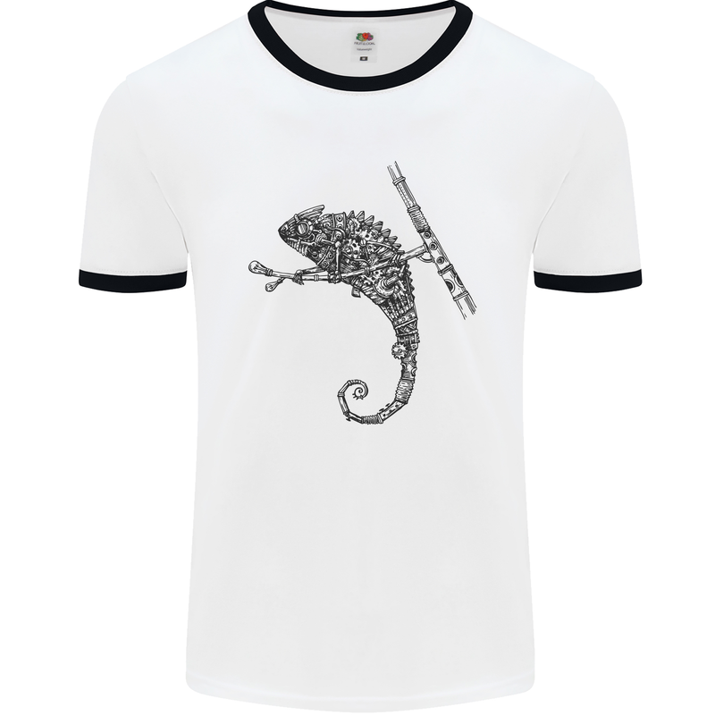 Steampunk Chameleon Mens White Ringer T-Shirt White/Black