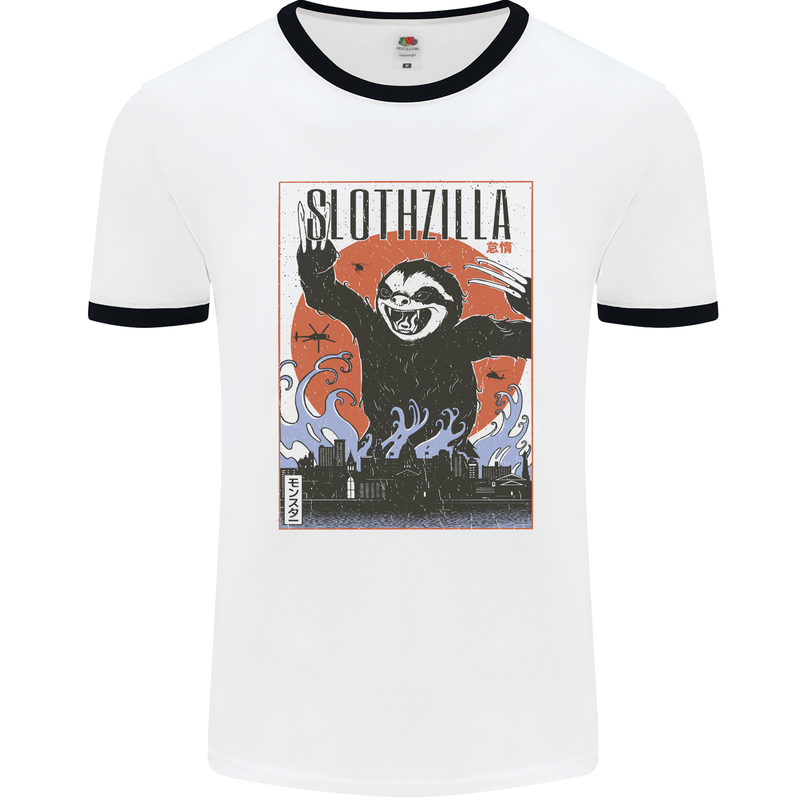 Slothzilla Funny Sloth Parody Mens Ringer T-Shirt White/Black