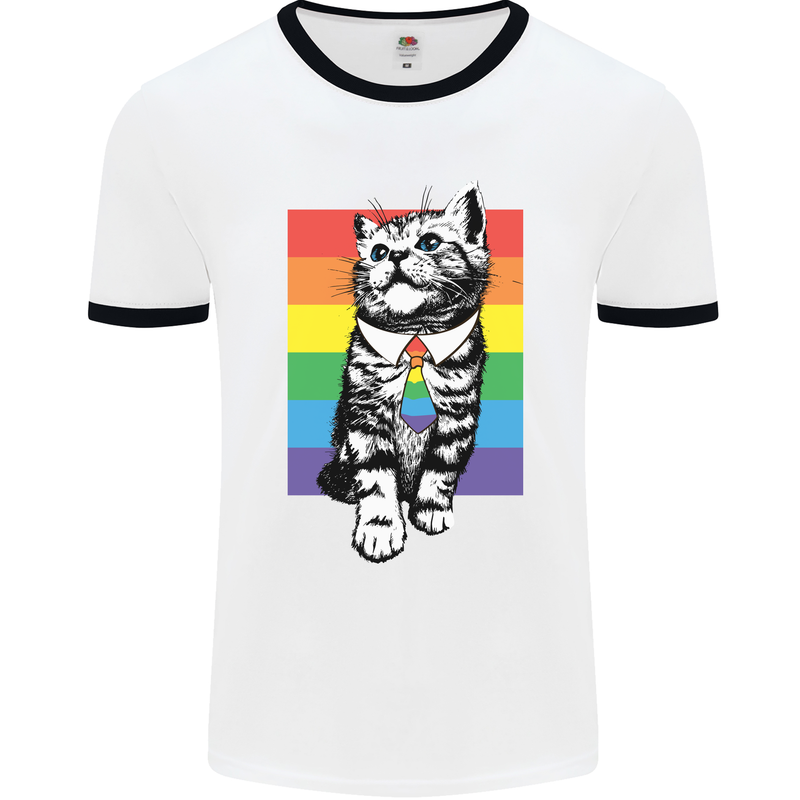 LGBT Cat Gay Pride Day Awareness Mens Ringer T-Shirt White/Black